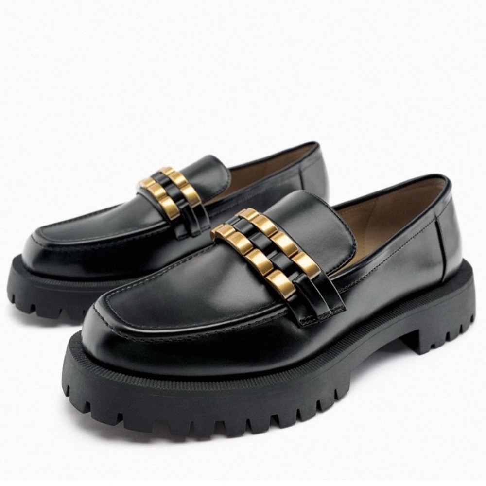 Zara black chunky sole with gold chain embellishments